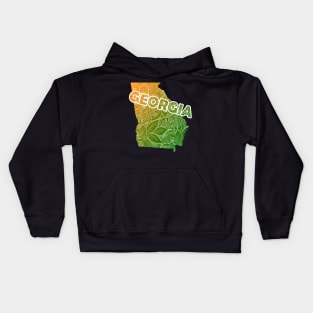 Colorful mandala art map of Georgia with text in green and orange Kids Hoodie